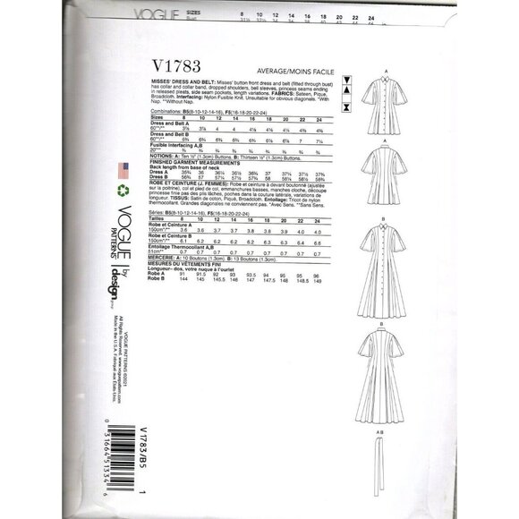 Vogue V1783 Misses 16 to 24 Button Front Dresses Uncut Sewing Pattern - Picture 2 of 2